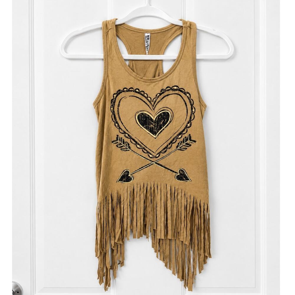 Beauties Los Angeles Women’s Small Boho Fringe Tank Top Heart Graphic Tan NWT